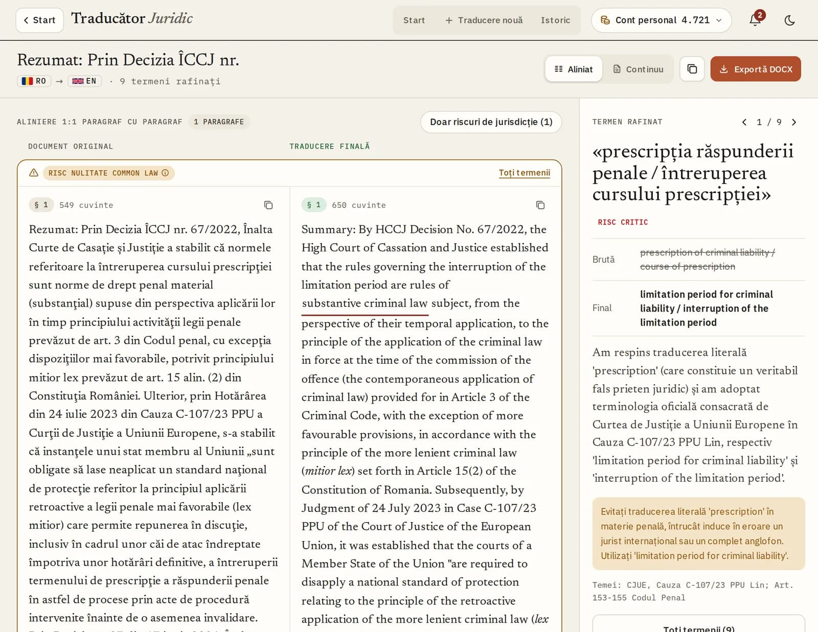Legal Translator: a High Court decision summary in Romanian and English with the refined term explained