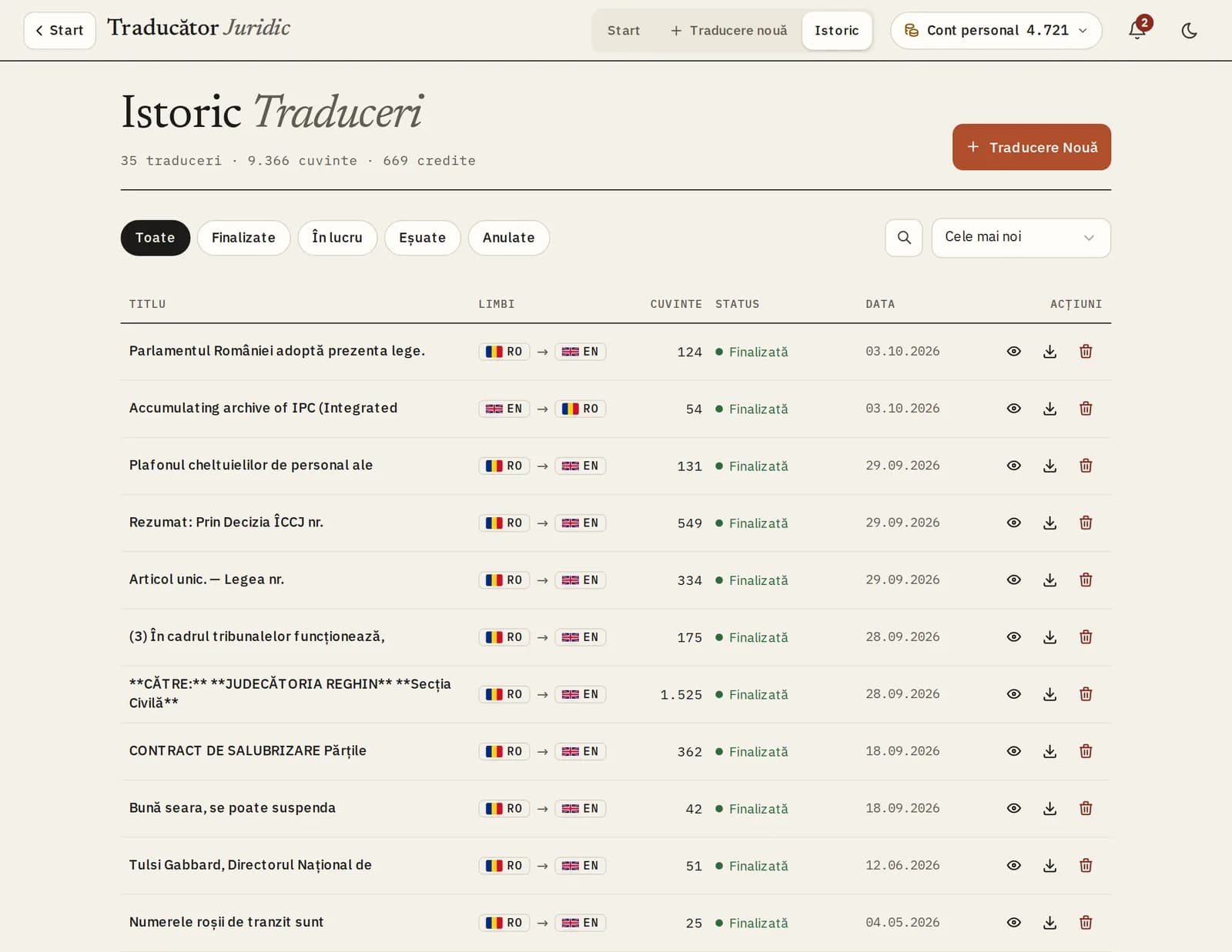 Translation history with languages, word counts and status