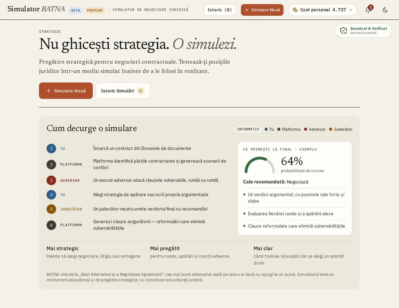 Simulatorul BATNA: etapele unei simulări și rezultatul cu probabilitatea de succes