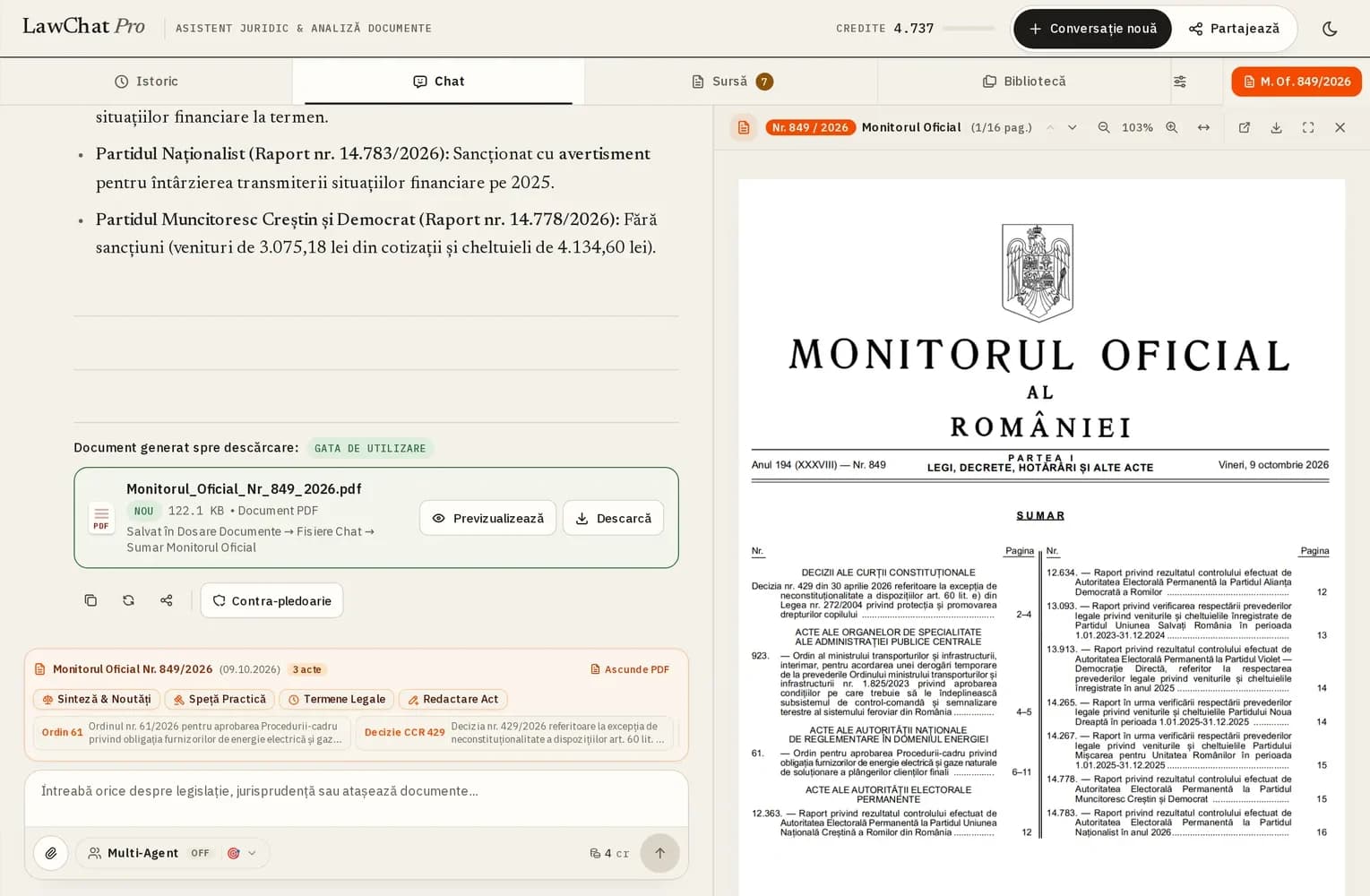 LawChat Pro: conversație despre Monitorul Oficial nr. 849/2026, cu ediția oficială deschisă alături