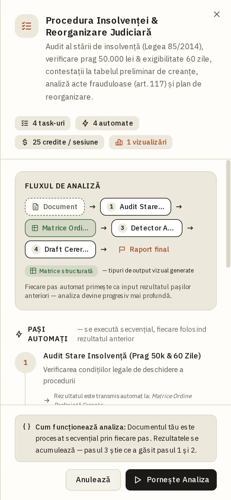 Fluxuri de analiză pe telefon: detaliile fluxului de insolvență, cu pașii automați și butonul Pornește analiza