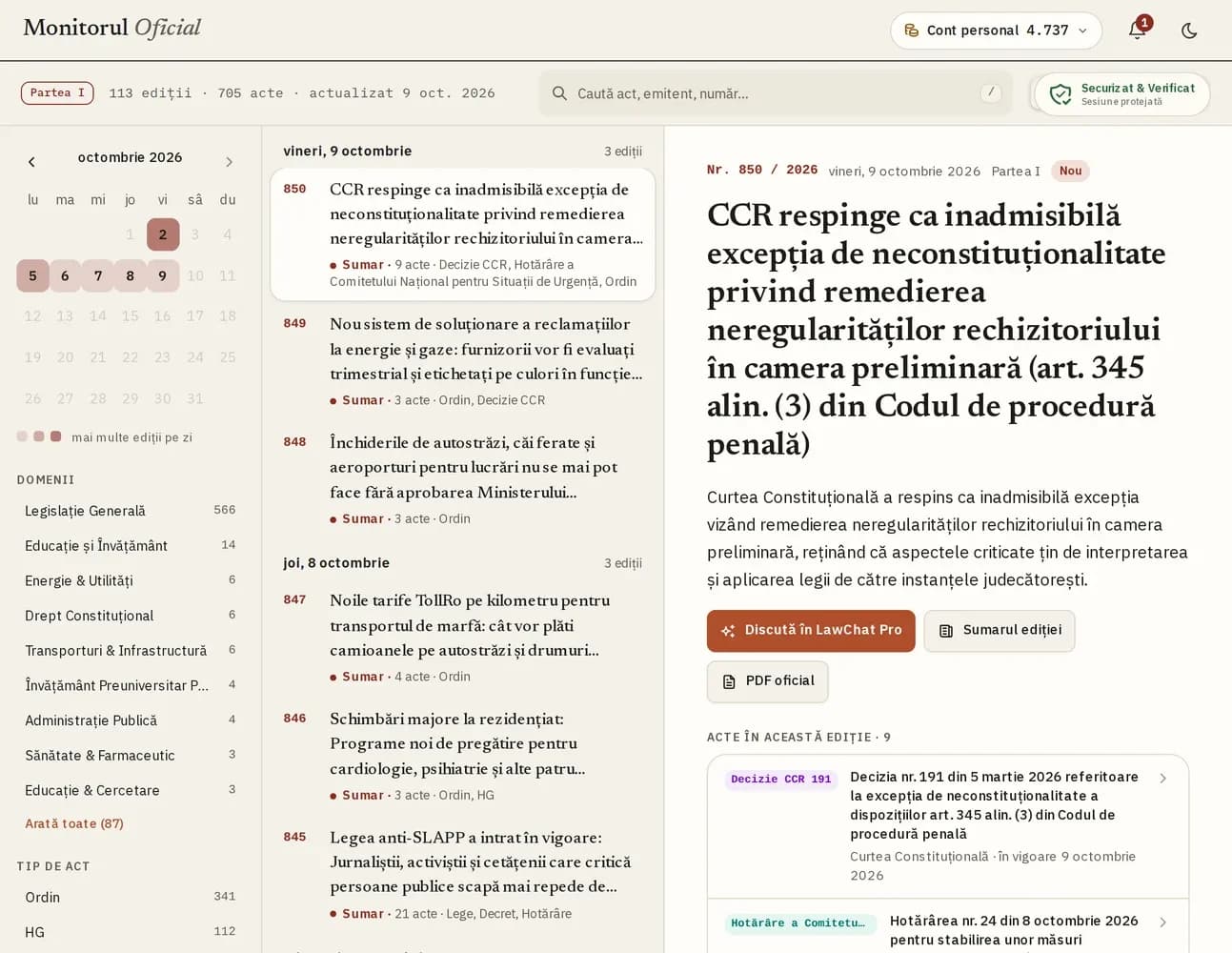 Modulul Monitorul Oficial: calendarul edițiilor și fișa ediției nr. 850/2026
