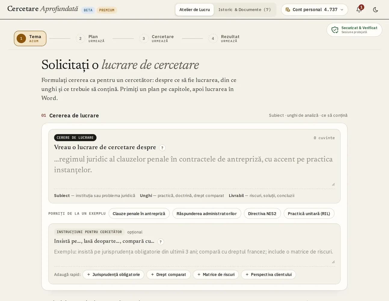 In-depth research: request form with topic, angles and deliverable