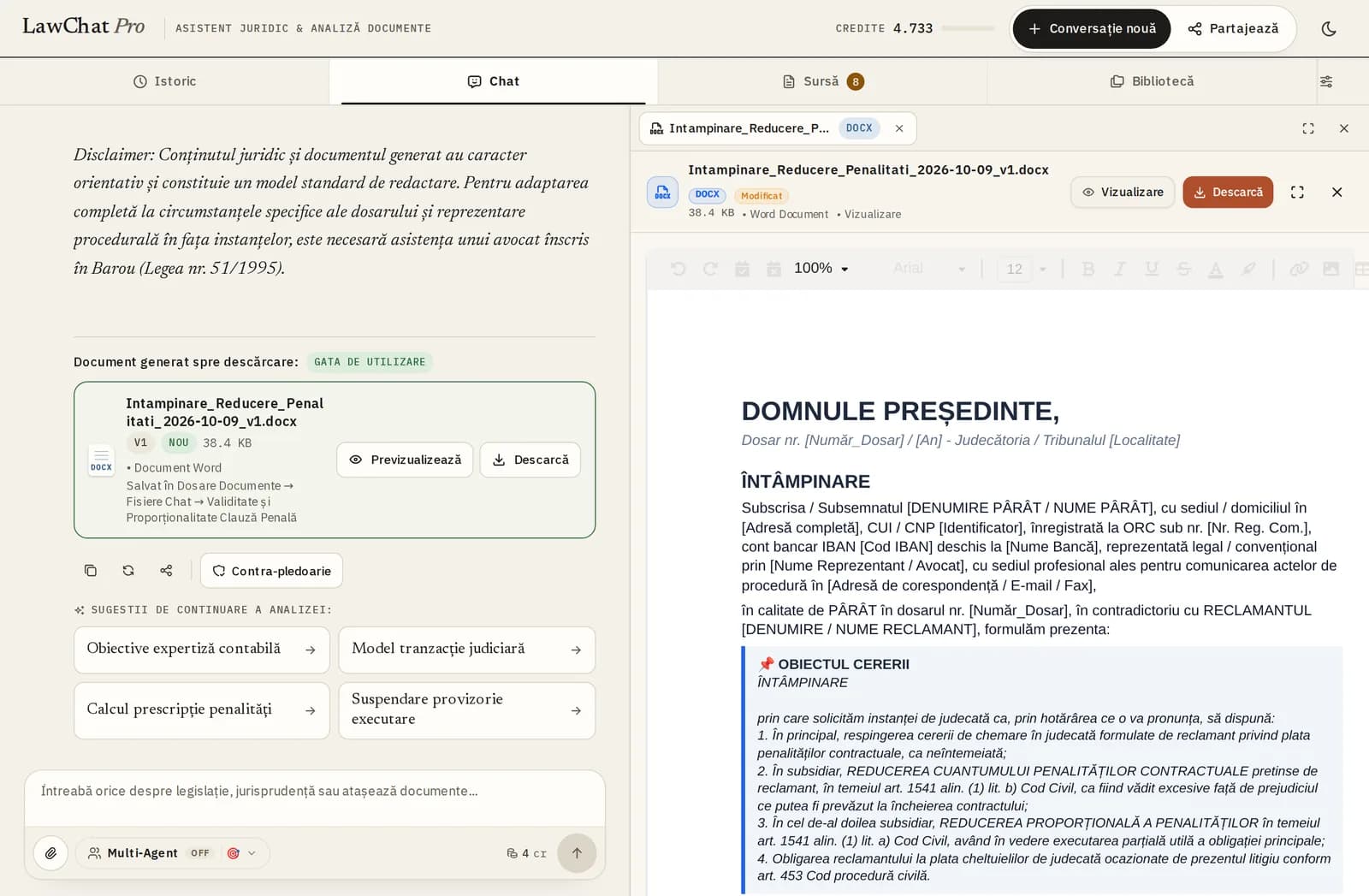 LawChat Pro: a Word document drafted from the conversation, with preview and download