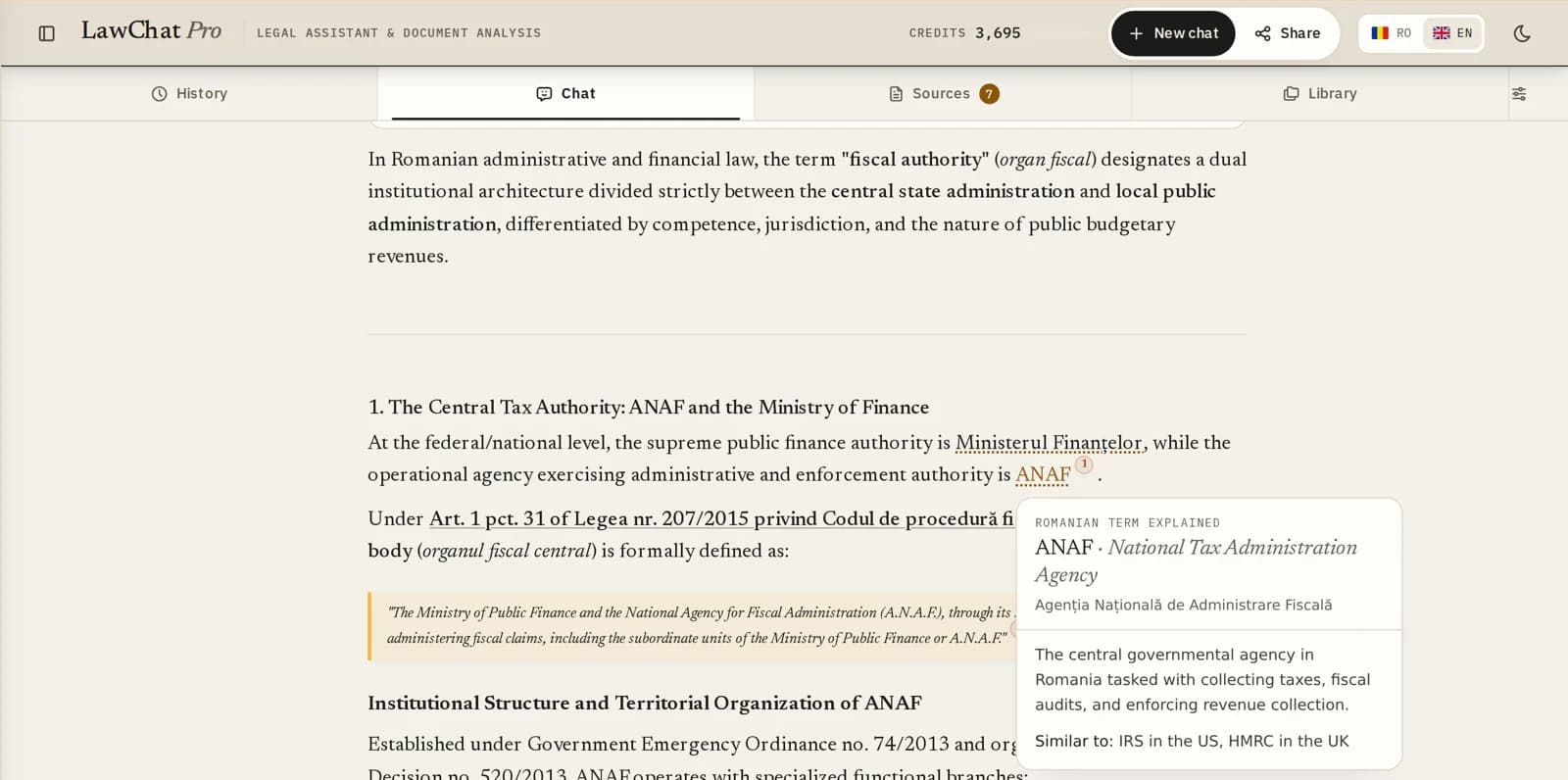 LawChat Pro in English: the question who the tax authority in Romania is, answered in English with ANAF explained in a card and compared with the IRS and HMRC