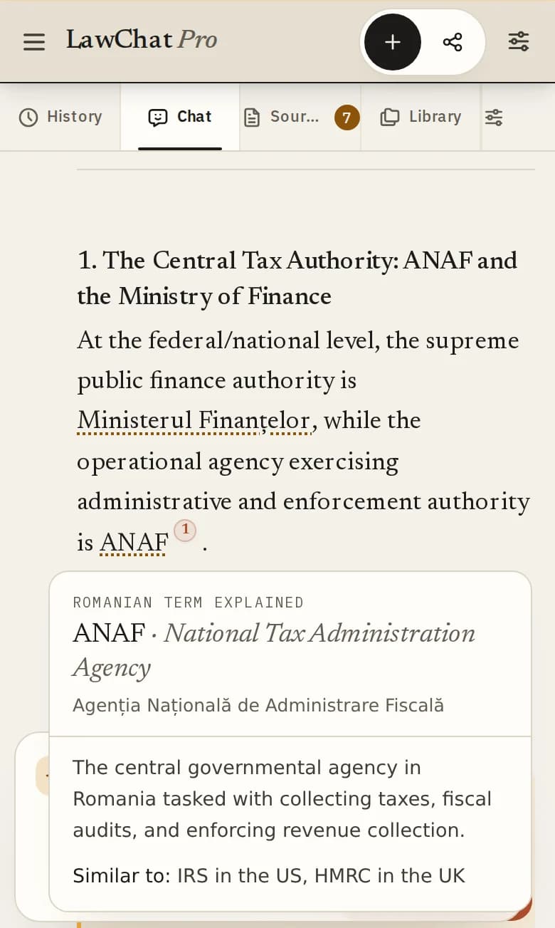 LawChat Pro on a phone: an English answer with the ANAF card open, compared with the IRS and HMRC