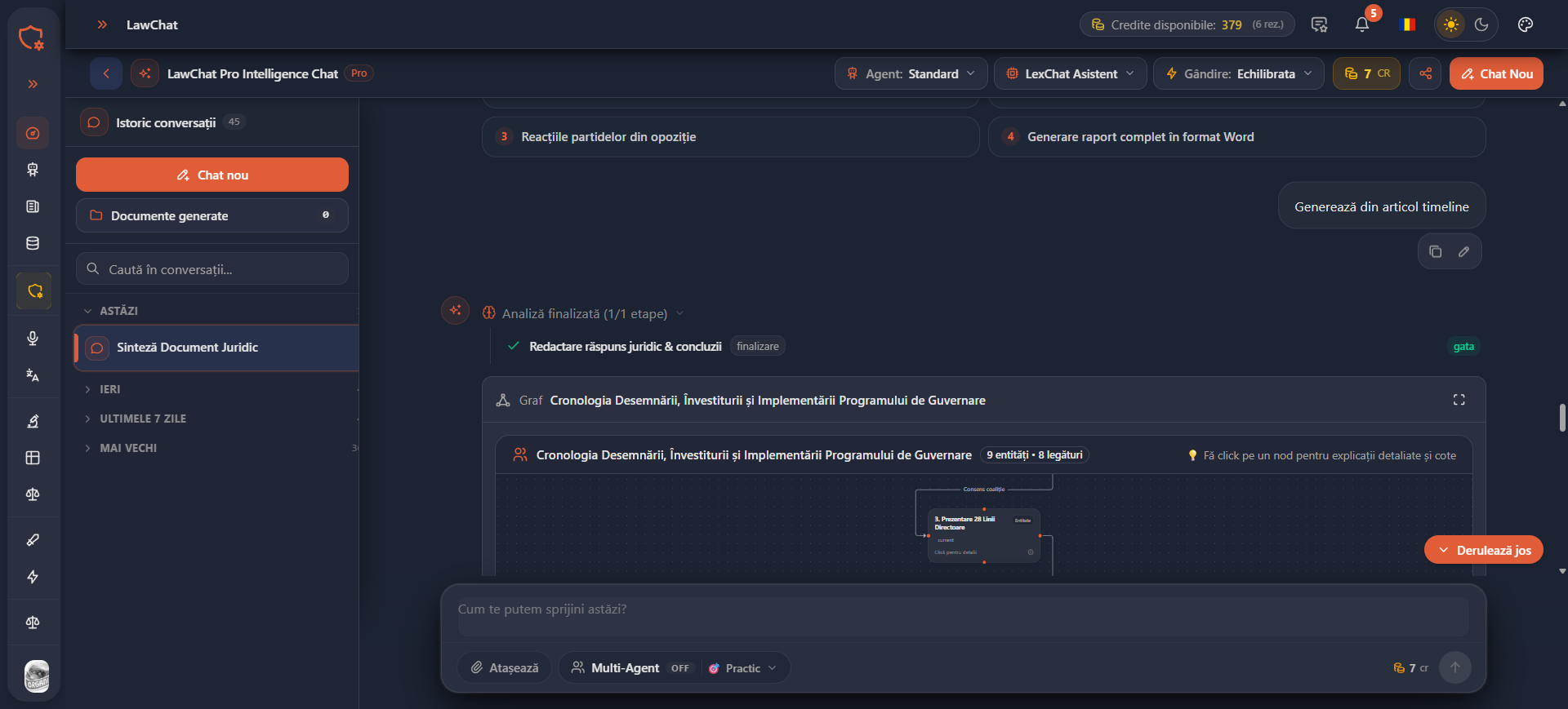 Solicitare de generare timeline pe baza link-ului Digi24 în LawChat Pro